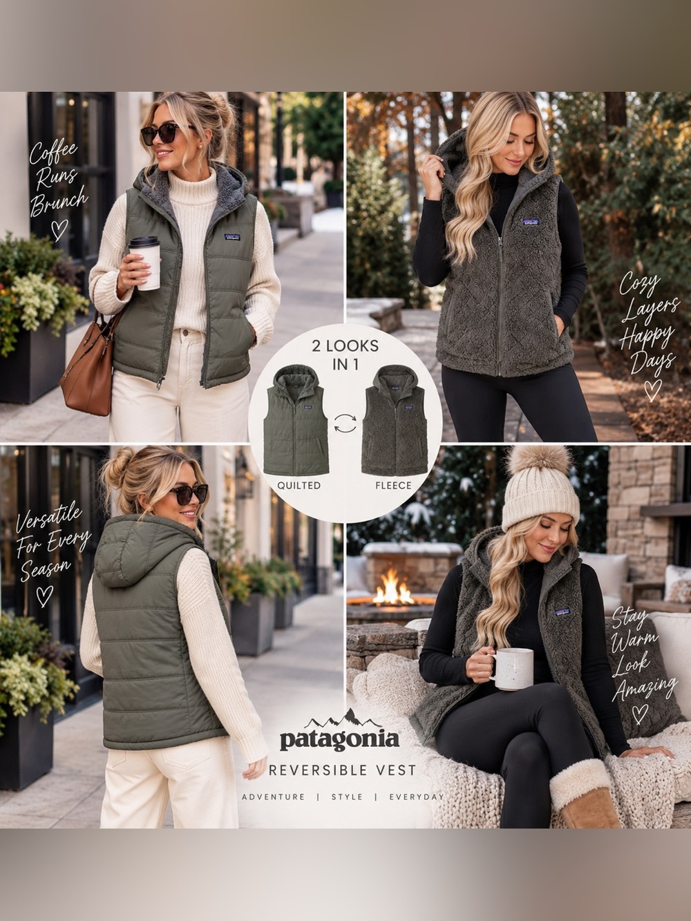 Patagonia Women’s Reversible Fleece Quilted Hooded Vest Olive Charcoal Size L